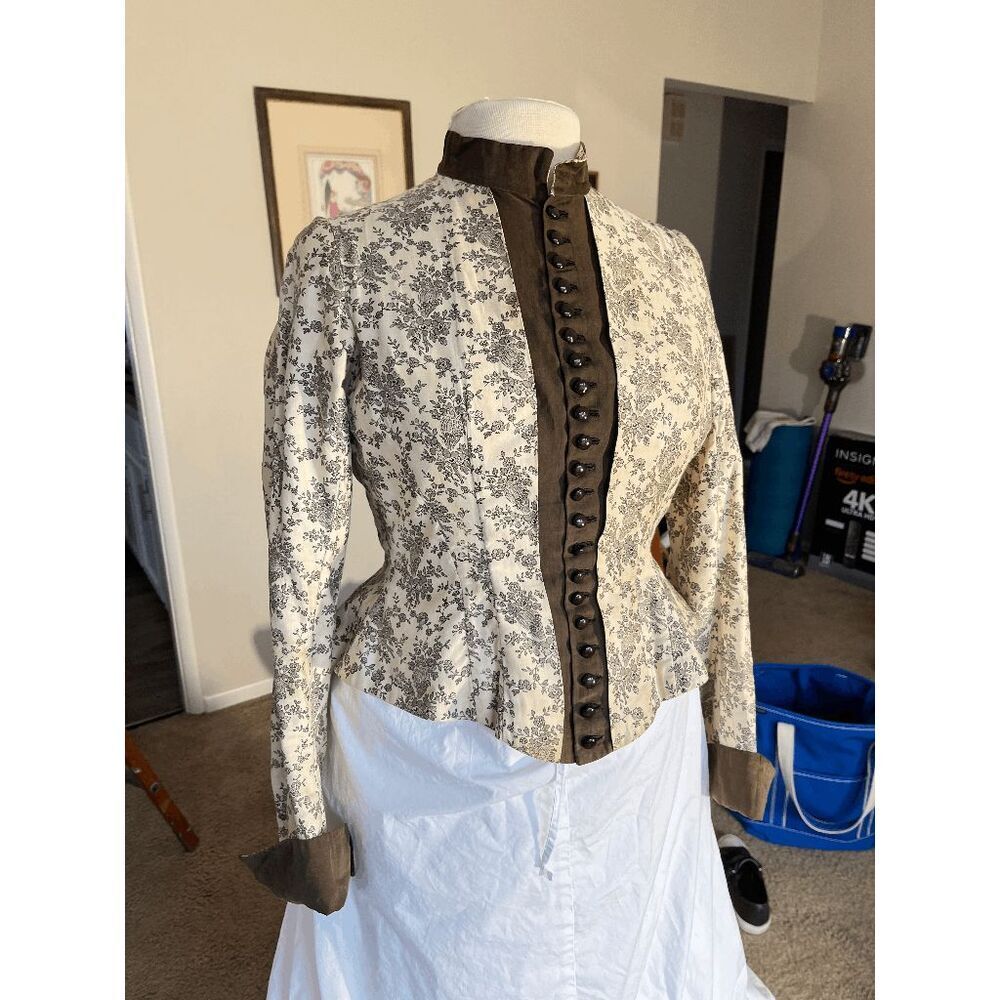 Antique Victorian Edwardian Bodice Jacket Floral Toile Waist Stay Blouse - Picture 2 of 16